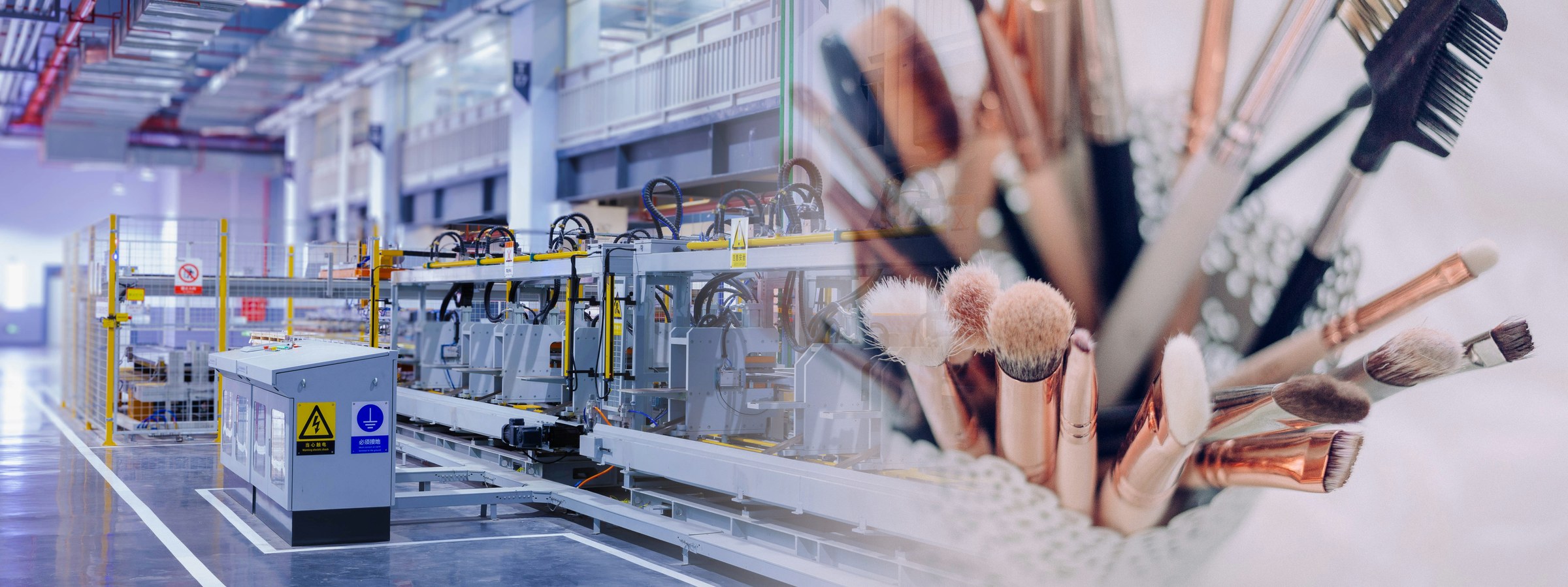 A wide image fading from an industrial factory floor on the left to a bowl of makeup brushes on the right.